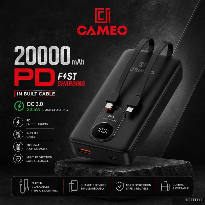 PB900 20000mAh (PDQC3.0 22.5W) Flash Charging, Super VOOC, 2 In-buit Cable