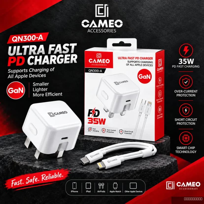 QN300-A PD35W GaN Charger + C to Apple (Three PIN)