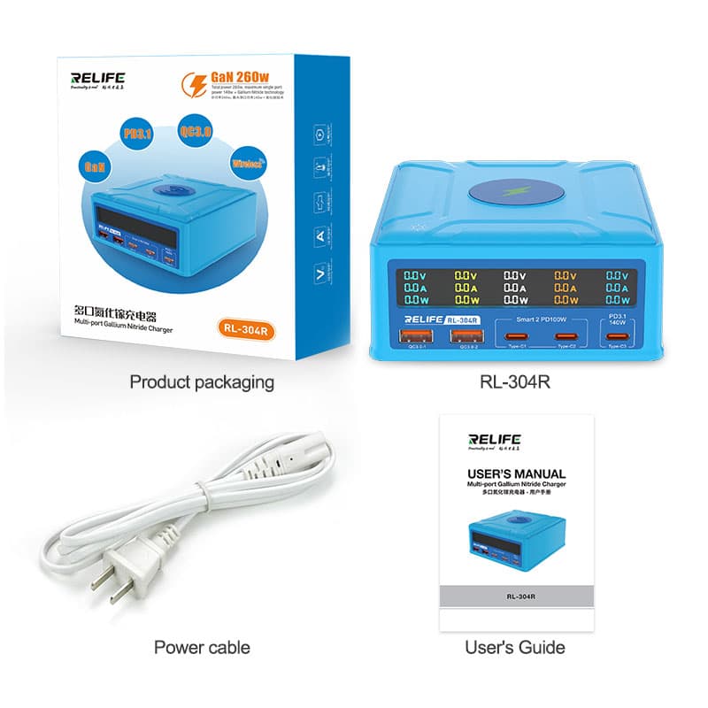 RELIFE RL-304R USB Digital Display Lightning For IPhone Android Flat 260W Gallium Nitride Flash Charging