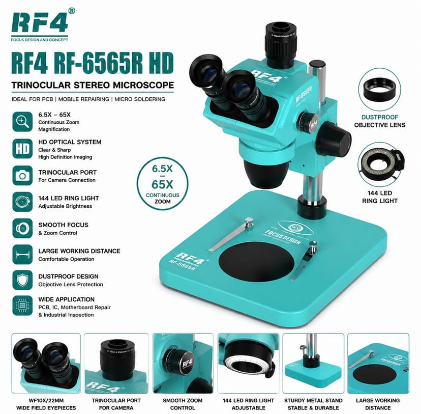 RF4 RF-6565R HD Trinocular Stereo Microscope