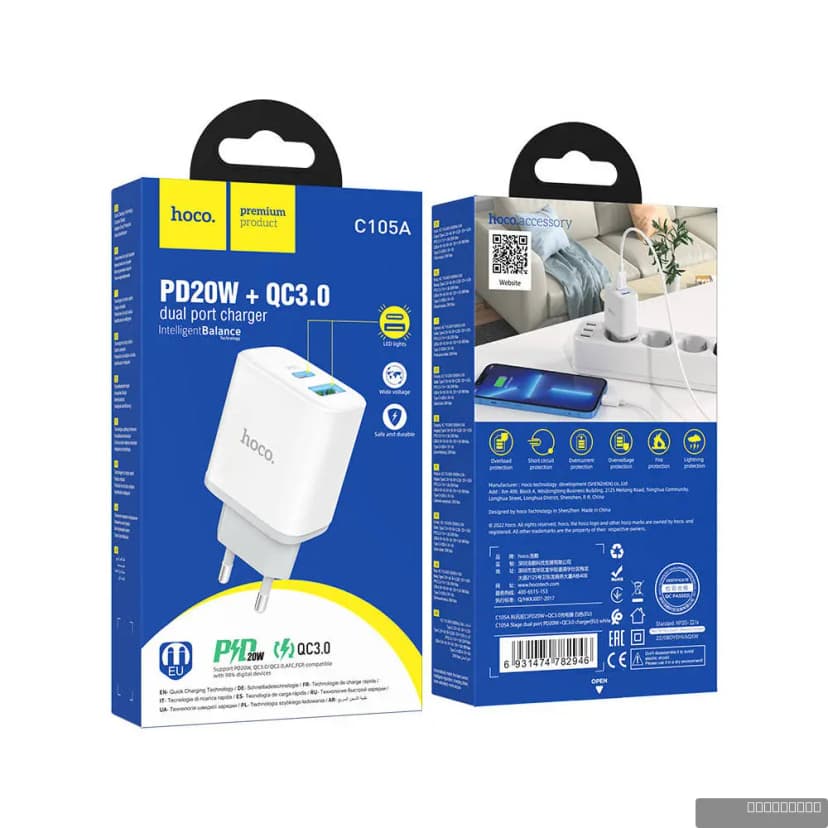 HOCO C105A Stage dual port PD20W+QC3.0 charger set(Type-C to Type-C)(EU)