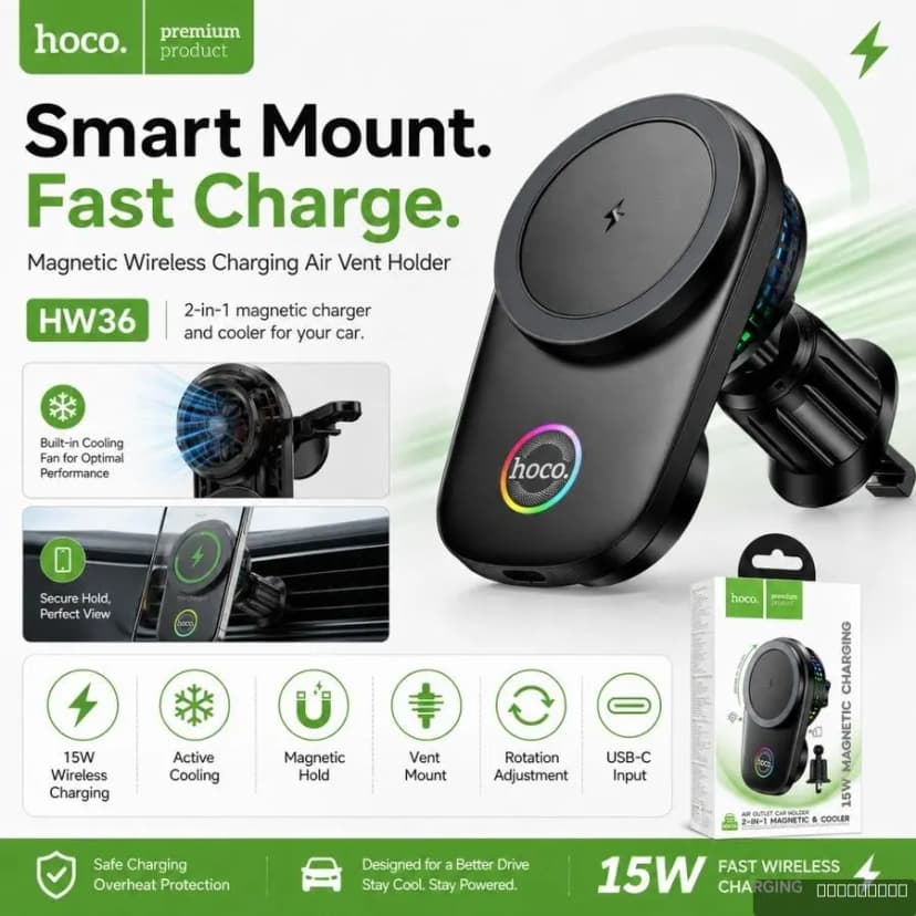 HOCO HW36 electric rotating magnetic wireless fast charging car holder(air outlet)