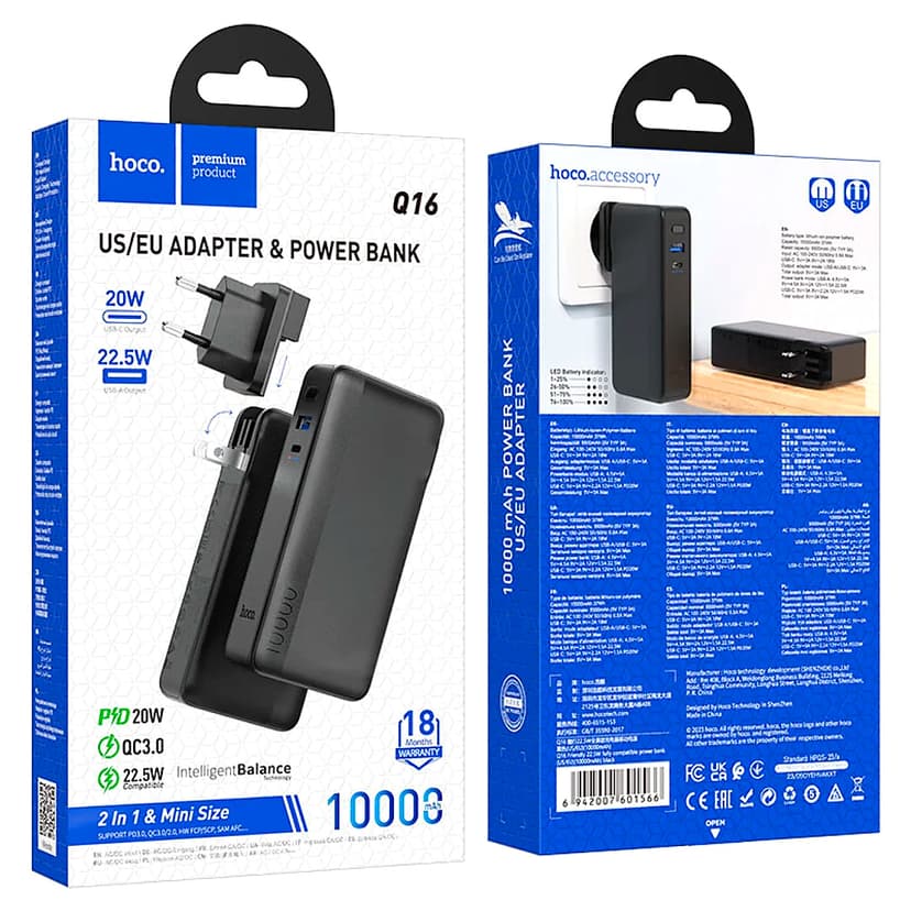 Power bank “Q16 Friendly” 22.5W 10000mAh EU / US plug