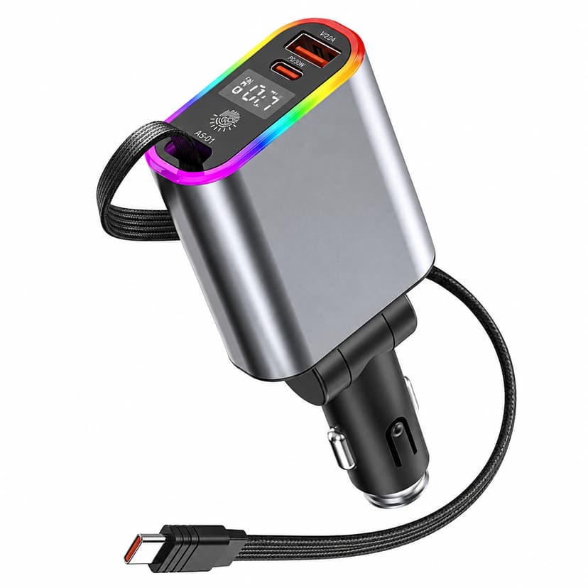 2 In 1 120W Retractable Cable Super Fast Charging Voltage Display Car Charger